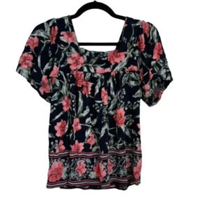 Lucky Brand Women's Short Sleeve Navy Floral Square Neck Top Size S GUC